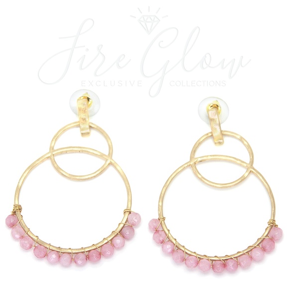 Rose Quartz Bead Gold Tone Tiered Hoop Earrings - Picture 6 of 10